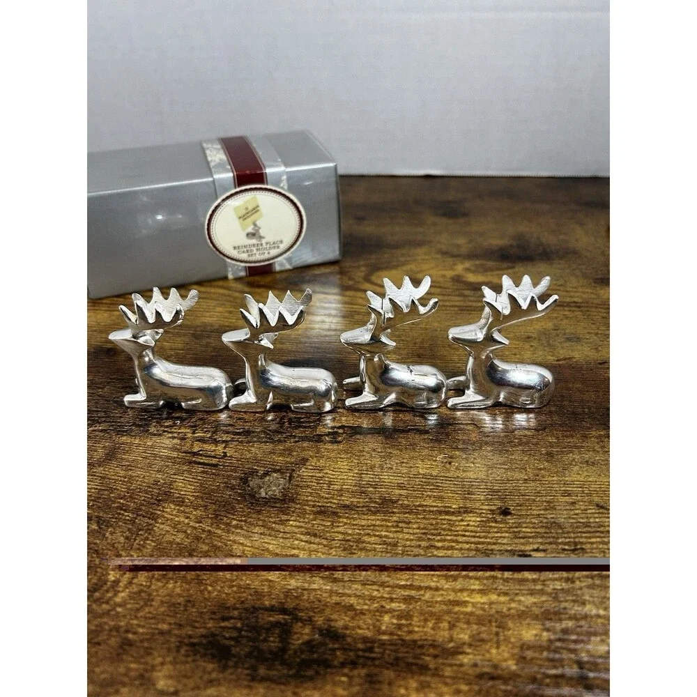 VTG Silver Plated Reindeer Place Card Holders Set of 4 with Blank Placecards